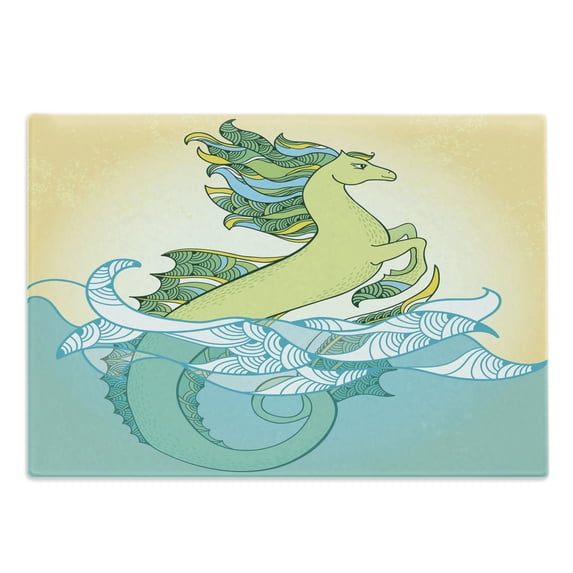 Animal Cutting Board, Abstract Japanese Hippocampus Fin in the Water Waves Art Pastel Colored Print, Decorative Tempered Glass Cutting and Serving Board, Large Size, Green Blue, by Ambesonne