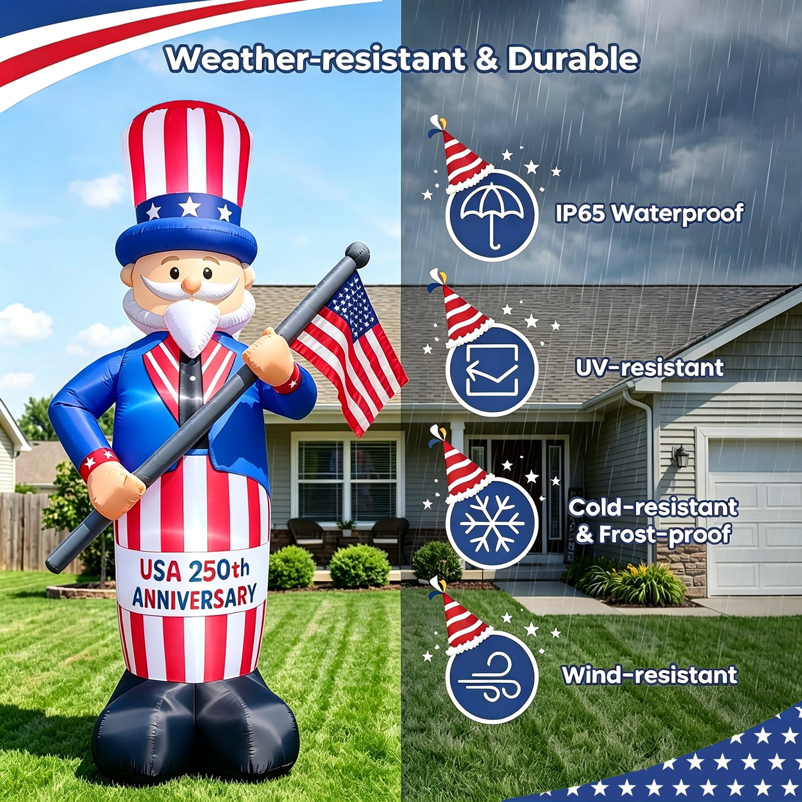 8FT 250th Anniversary 4th of July Inflatables Outdoor Decorations Patriotic Blow up Yard Decorations with LED Lights Fourth of July Memorial Independence Day Party Garden Holiday Outside Decor