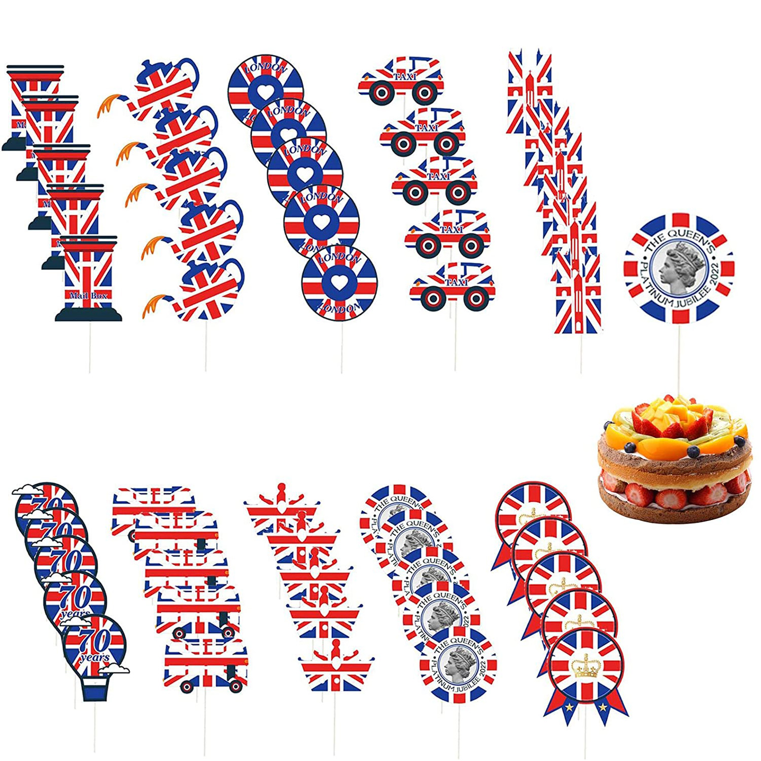 Platinum Jubilee Decorations 2022, 61pcs Cake Decorations & Cupcake
