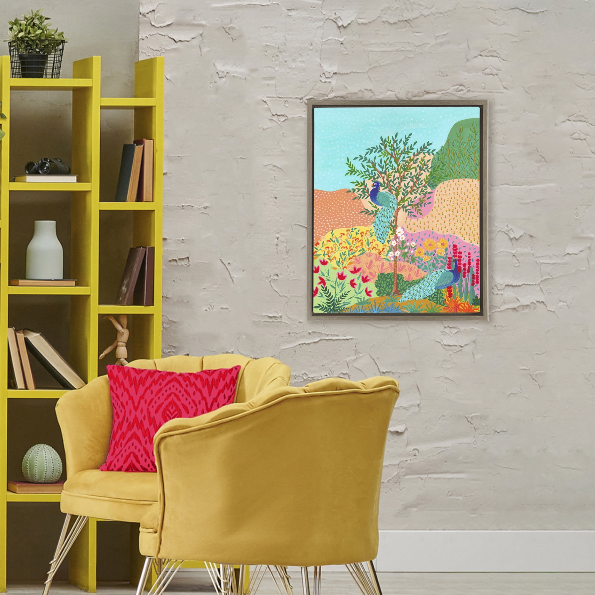 Stupell Industries Peacocks in Dotted Meadow Brown Framed Floater Canvas Wall Art, design by Nabeela Rumi