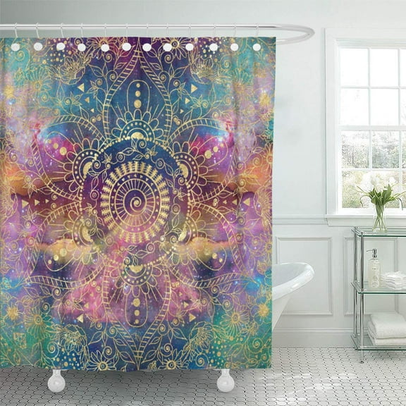 Libin Modern Gold Watercolor and Nebula Mendhi Henna Tribal Boho Shower Curtain 66x72 inch