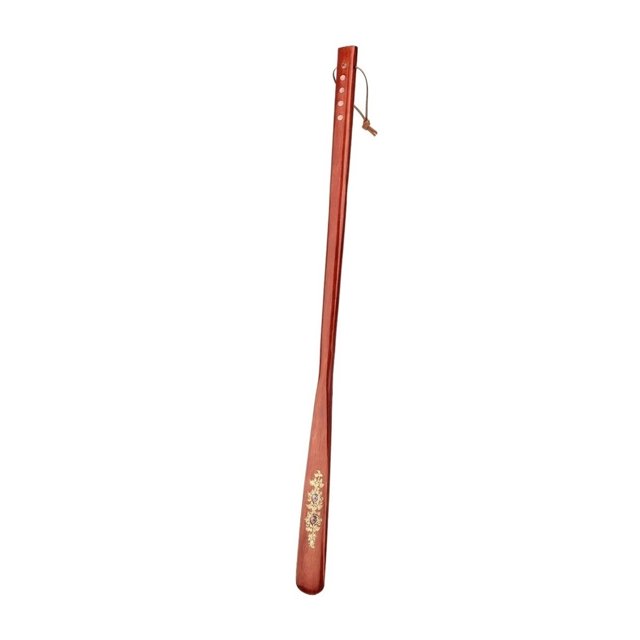 Calzador de madera de una sola pieza de 70 cm con superficie lisa, perforaciones y cuerda for colgar.