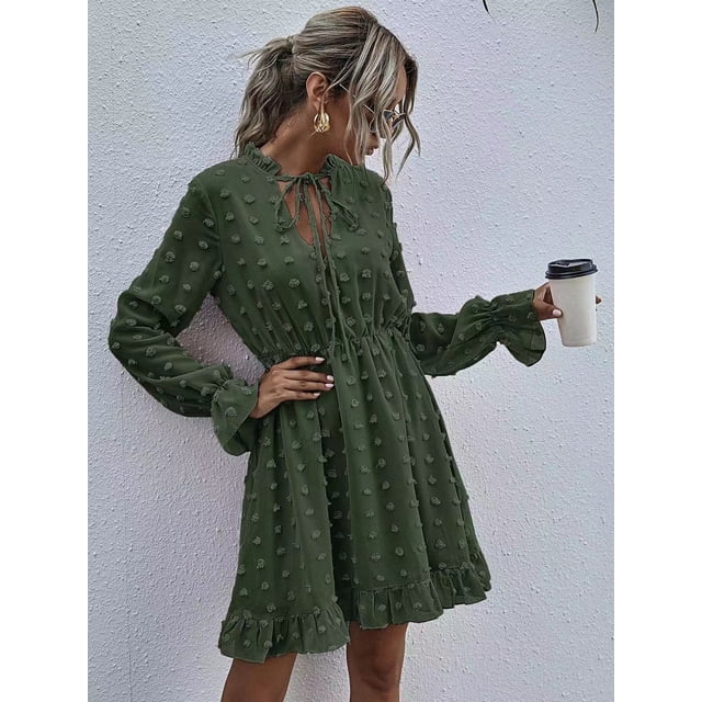 Robe à Manches Longues à Pois Évasée avec Col Feuille de lotus pour Femmes