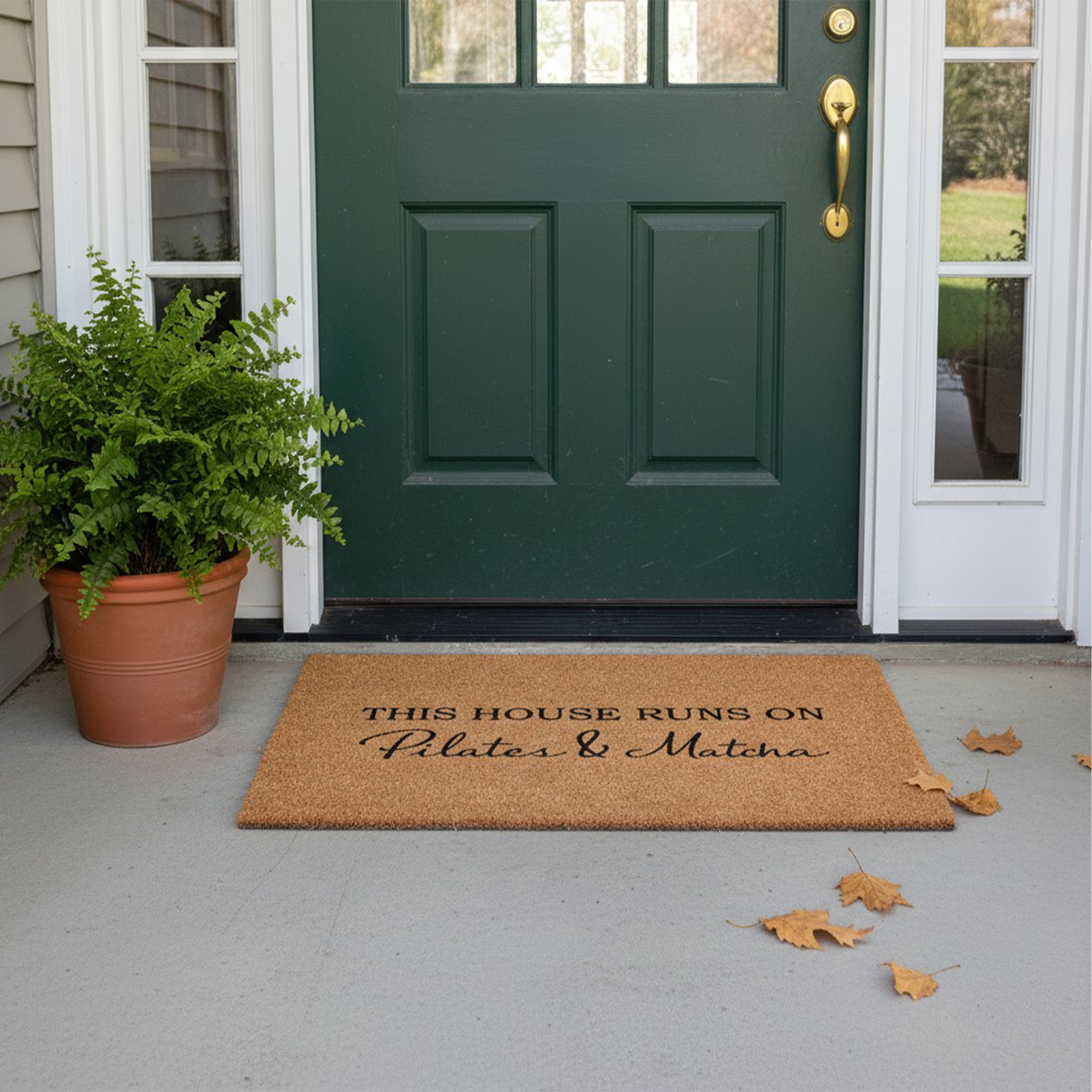 This House Runs on Pilates & Matcha Non Slip Vinyl Backing, Front Door Mat, 24"x36"