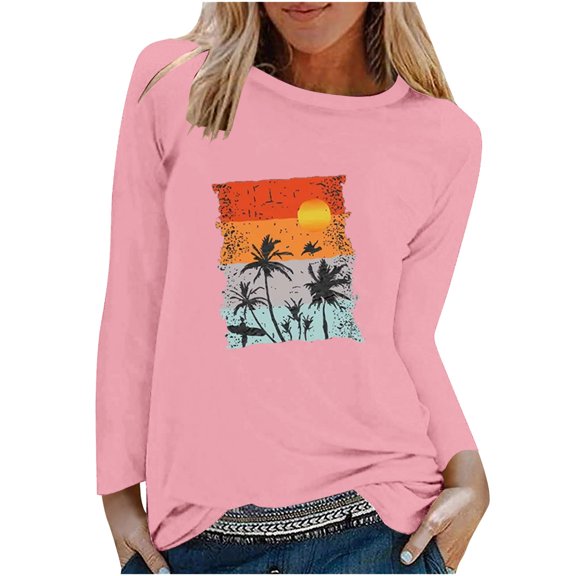 IROINNID Pink Tops for Women Spring Printed Long Sleeve Round Neck Casual Tee ,Pink