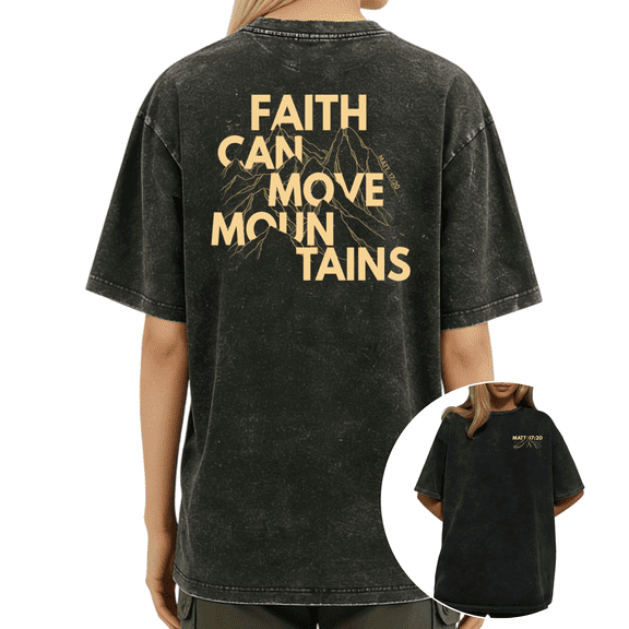 Vintage Black "Faith Can Move Mountains" Christian Bible Verse Washed Back Print Oversized T-shirt Religious Faith Casual Tops S-2XL