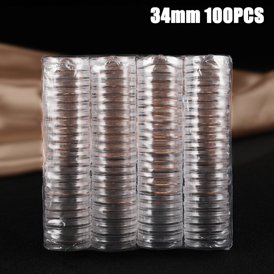 100Pcs 34mm Coin Cases Capsules Holder Applied Clear Plastic Round