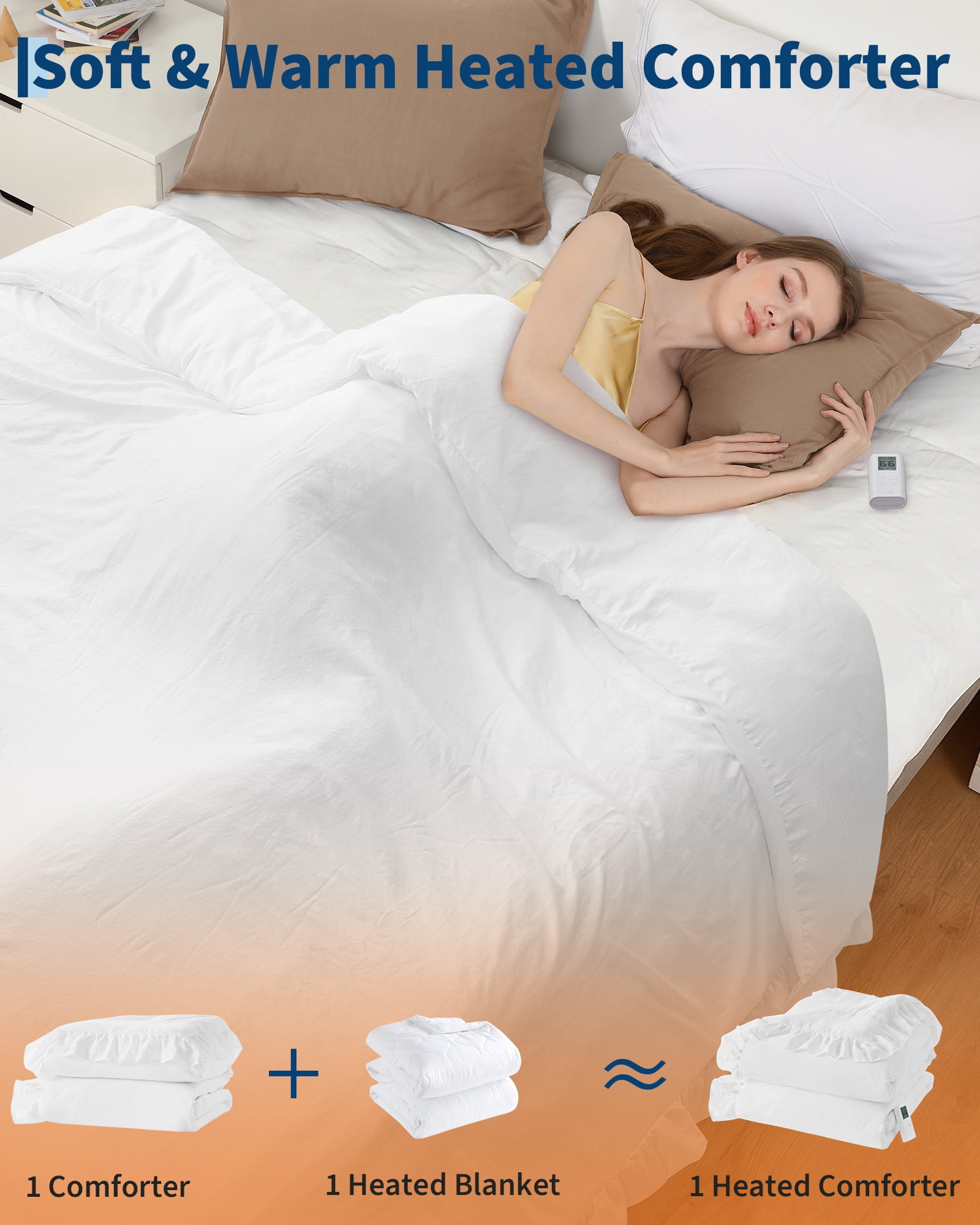 GARVEE Oversized Heated Comforter Blanket,104"X90" Cal King Size Ruffle Electric Quilt with Wireless LCD Controller,6 Heat Levels&1-10H Timer,ETL Certified,White