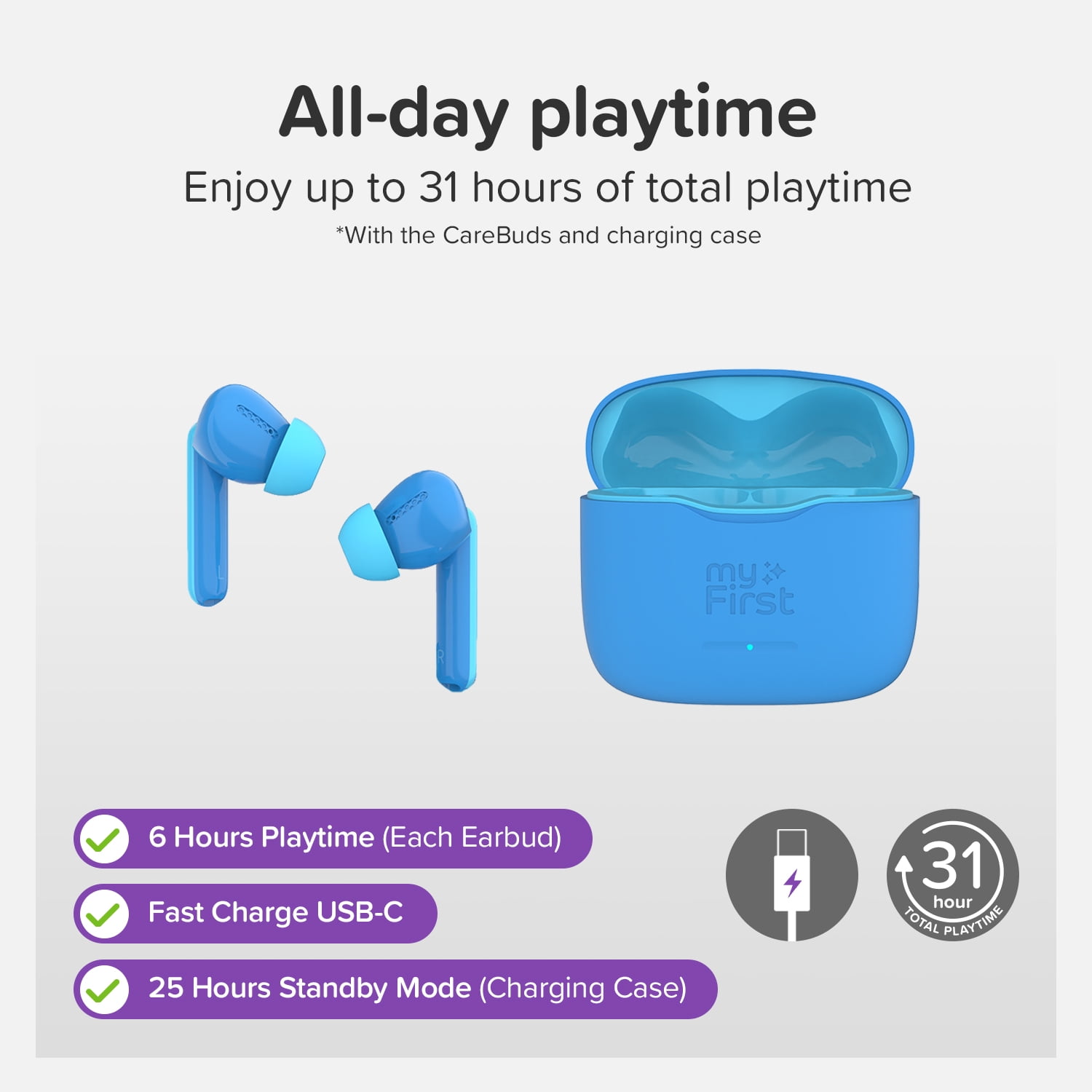 myFirst CareBuds (Blue) Kids Wireless Earbuds, 85dB Volume Limit, Built-in Mic, 6 Ear Tips, Anti-Loss Strap, Bluetooth 5.3, Gift for Kids 4-15