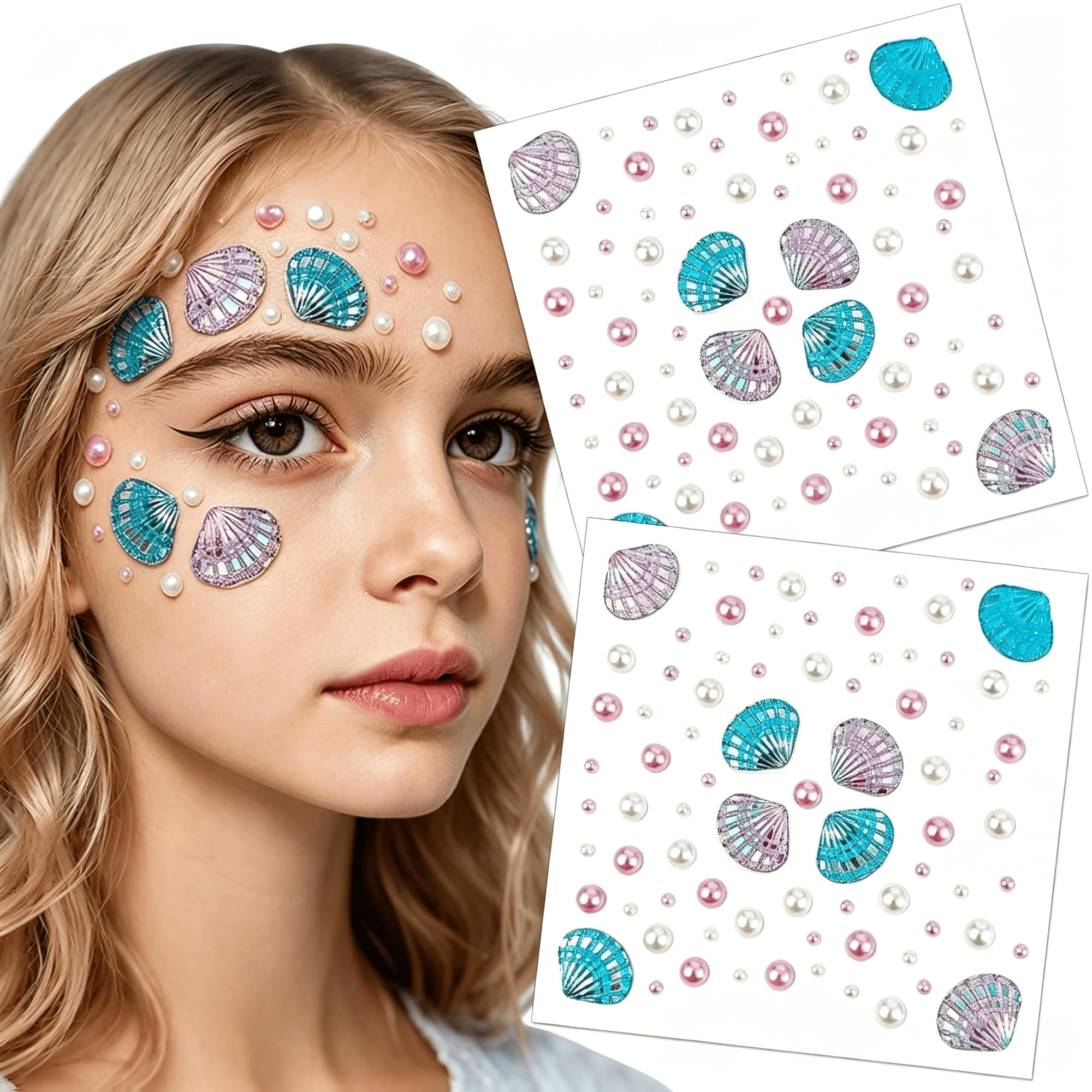 TUWAFE 2 Sheets Summer Seashell Pearl Face Gems,3D Rhinestone Stickers