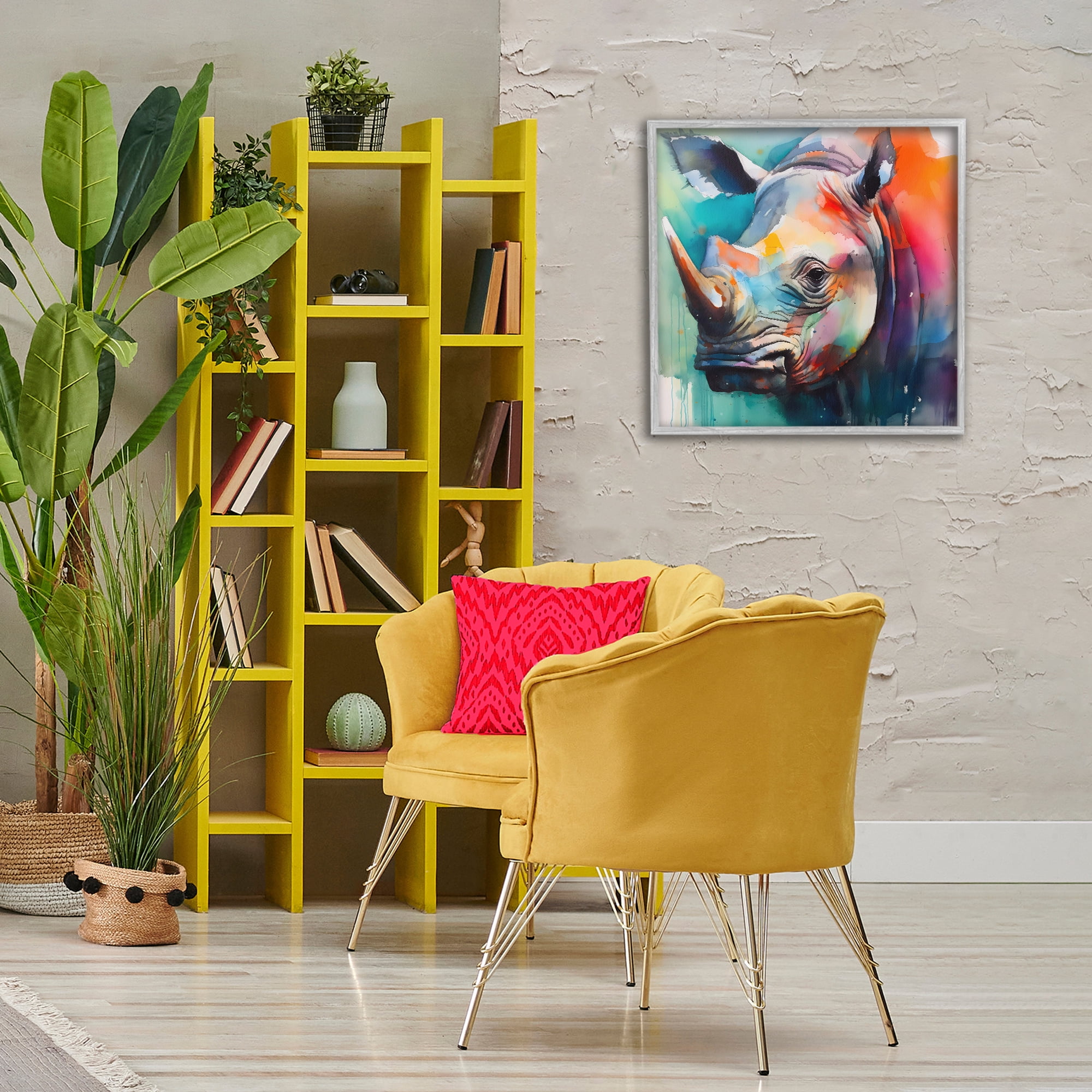 Stupell Industries Rhino with Modern Hues Animals & Insects Painting Gray Framed Art Print Wall Art, 24 x 24