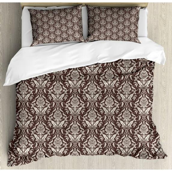Damask Duvet Cover Set King Size, Wildflowers with Symmetric Leaves Vintage Arrangement Curls and Swirls Design, Decorative 3 Piece Bedding Set with 2 Pillow Shams, Dark Brown Cream, by Ambesonne