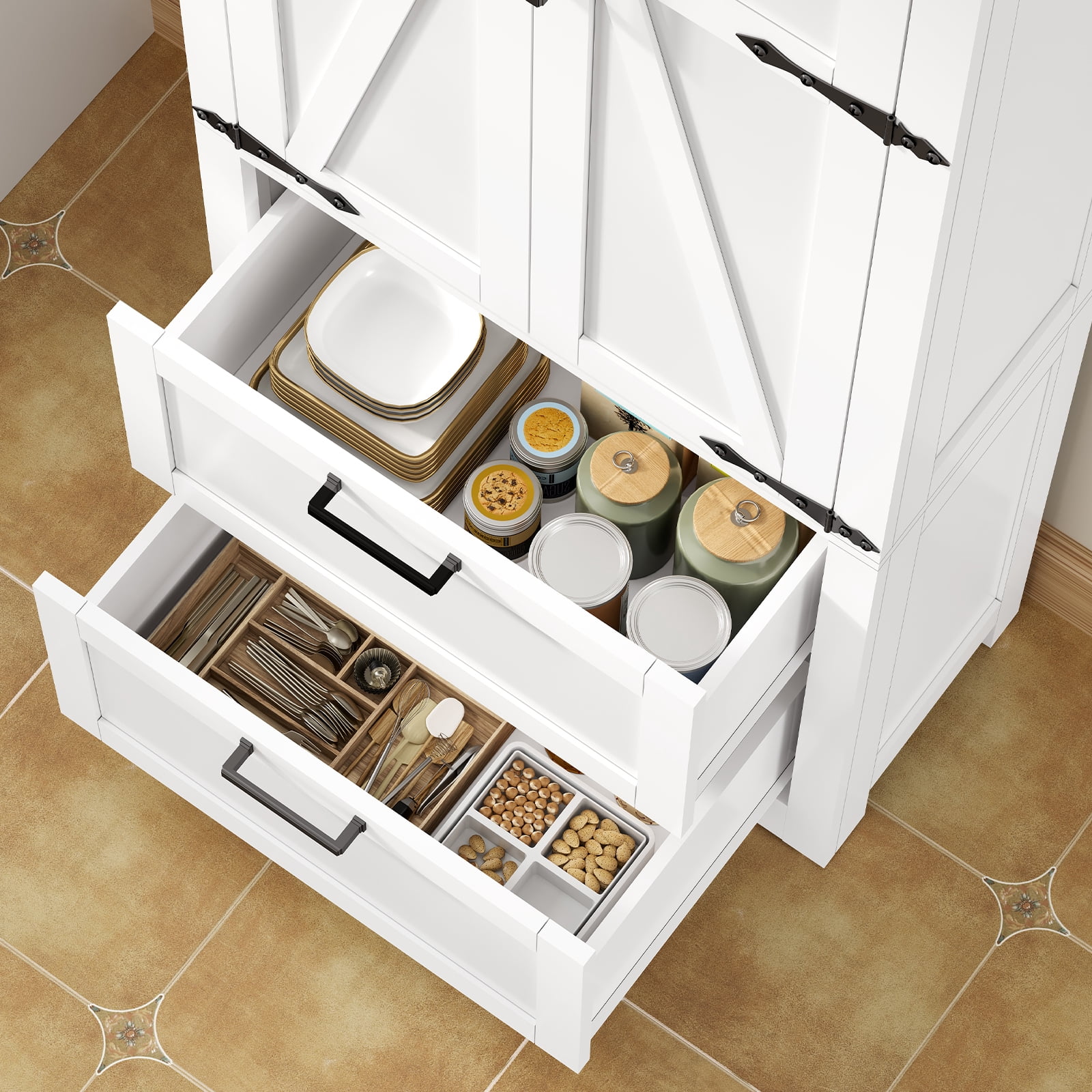 TEENFON 66.2" H Storage Cabinet with 2 Drawers, Farmhouse Kitchen Pantry Cabinet with 2 Doors & Adjustable Shelf, Handbag Storage Organizer, for Living Room, Kitchen, Bedroom, White