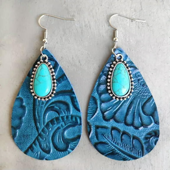 Retro Turquoise Stone Teardrop Embossed Genuine Leather Drop Statement Earrings