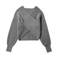 thumbnail image 4 of UJNDER Fashion Solid Crop V Neck Long Sleeve Knit Sweater Pullover for Women Grey L, 4 of 5