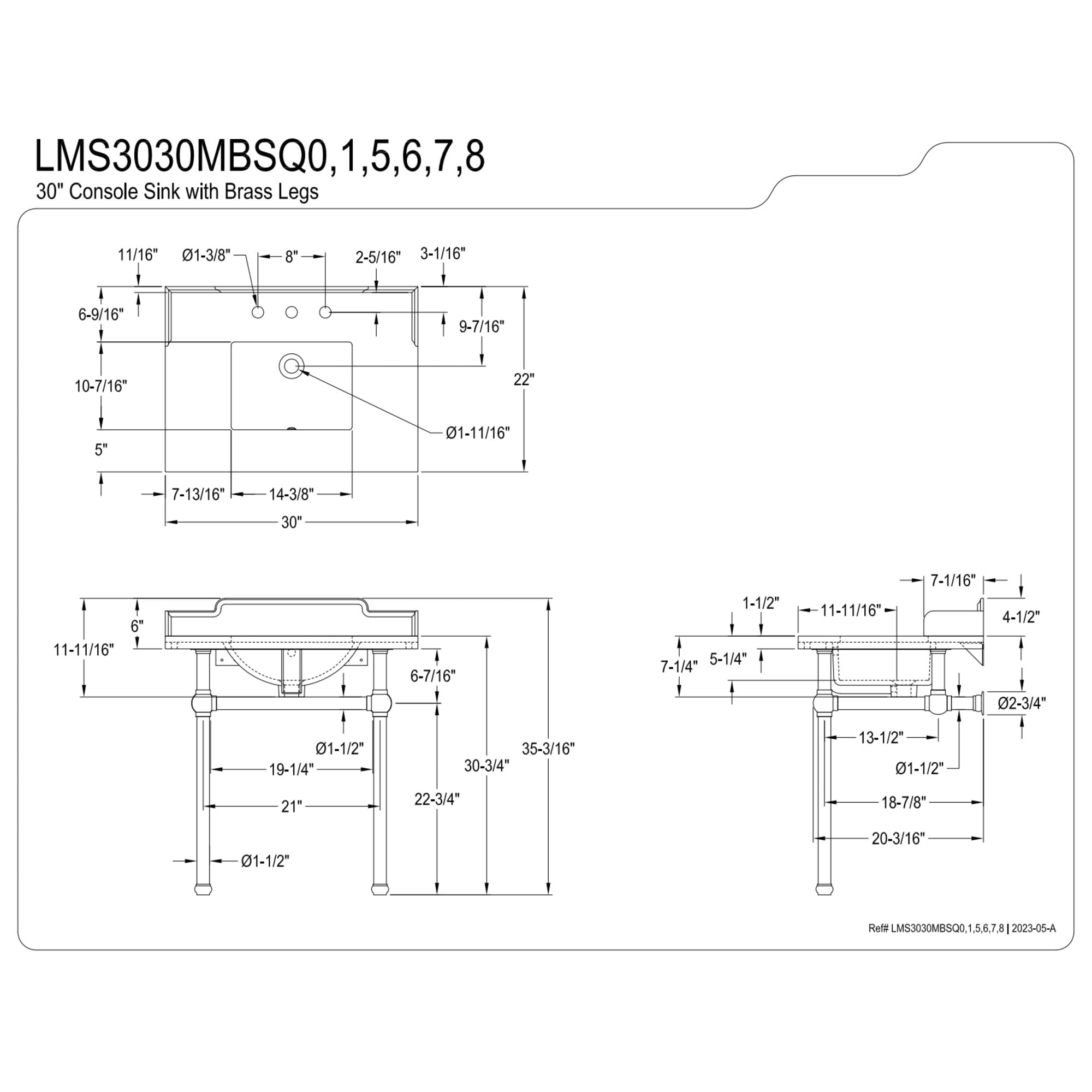 Kingston Brass LMS3030MBSQ6 Pemberton 30" Carrara Marble Console Sink with Brass Legs (8-Inch, 3-Hole), Carrara Marble White/Polished Nickel
