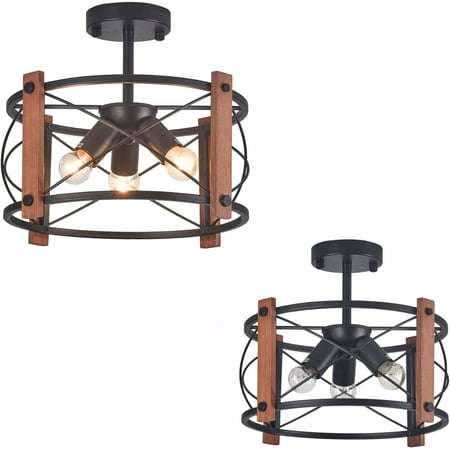 

OUKANING 13 Antique Pendant Light Wood Metal Frame 3 Light Farmhouse Semi Recessed Ceiling Light