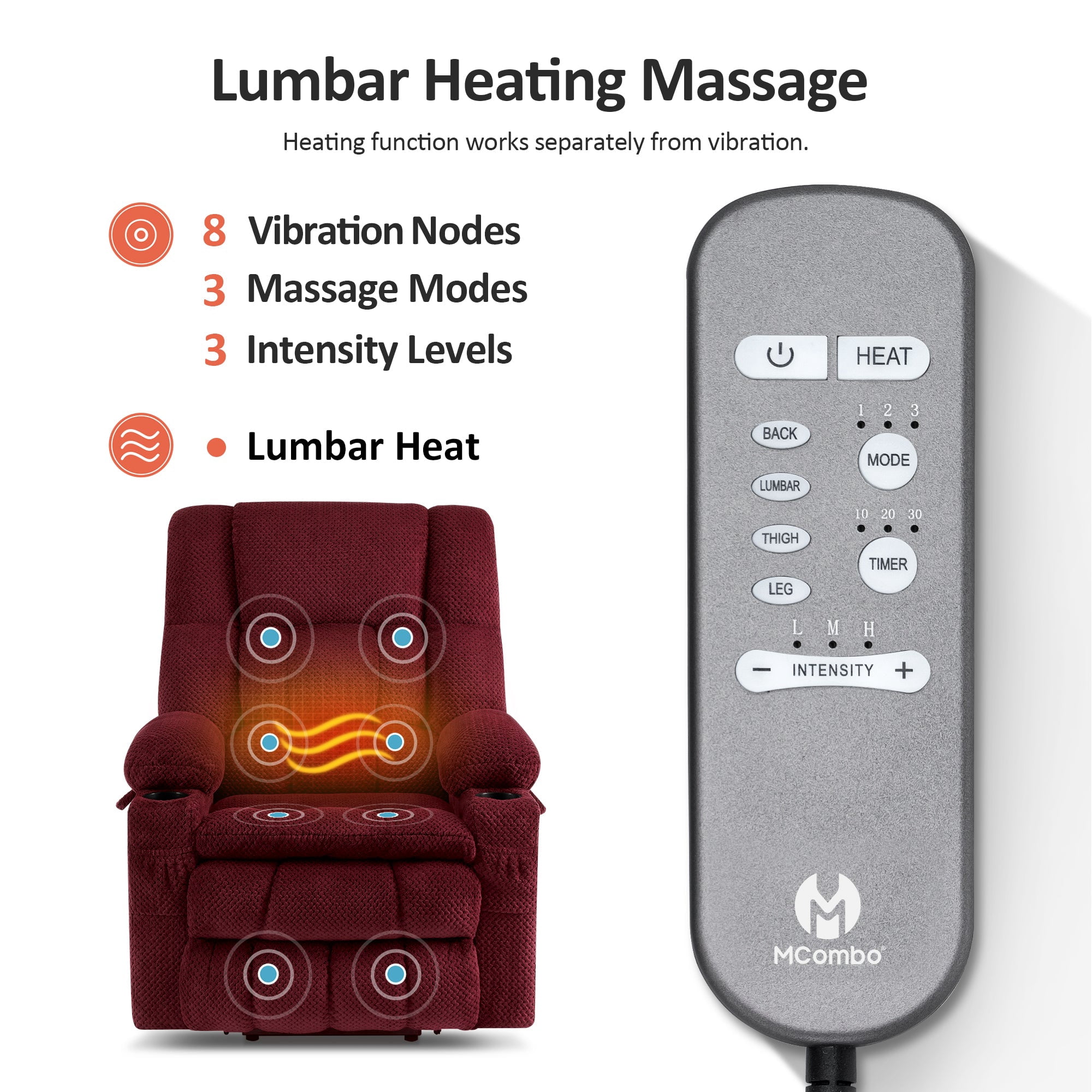 MCombo 22.4" Seat Width Lay Flat Dual Motor Power Recliner Lift Chair with Vibration and Heat, Infinite Position