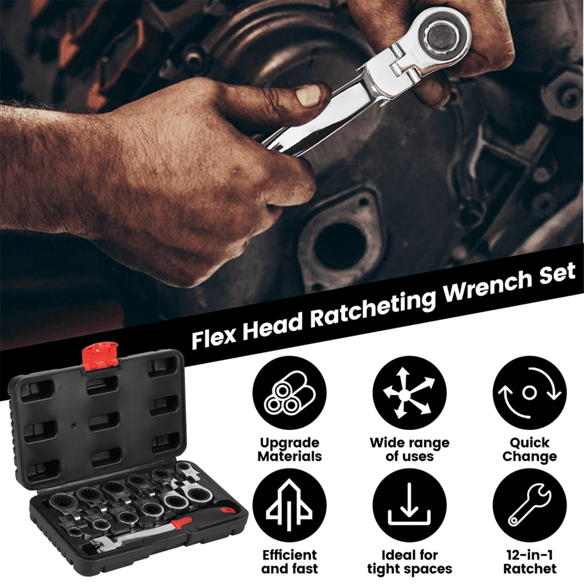 Flex Head Ratcheting Wrench Set, 8-19mm Metric Ratchet Wrench Tool with Interchangeable Heads & Storage