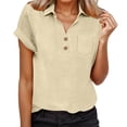 thumbnail image 6 of Rhuody Tops For Womens Short Sleeve Button Down Shirt Solid Color Lapel Collar Blouse Simple Clothes Beige 2Xl, 6 of 8