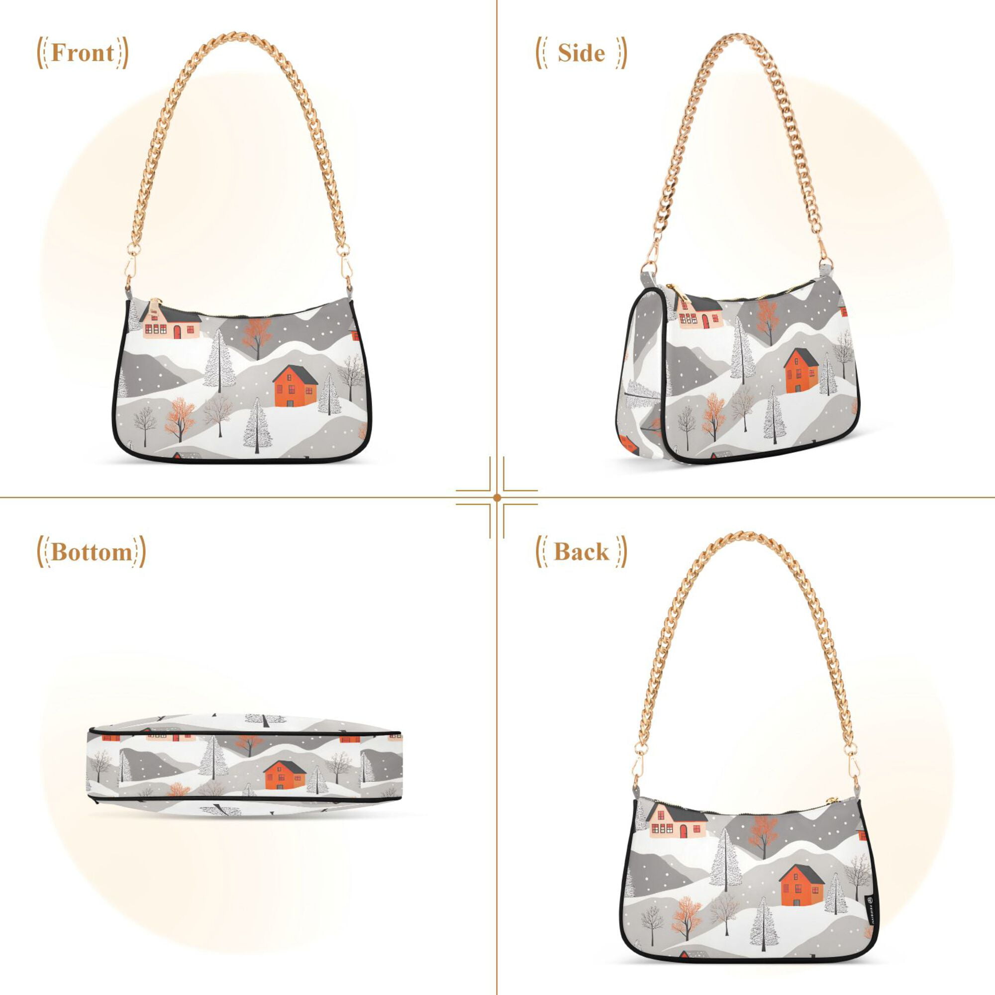 FORMRS Womens Shoulder Bag with Chain Strap Clutch Purse Cute Tote Handbag, Snow Cartoon Houses