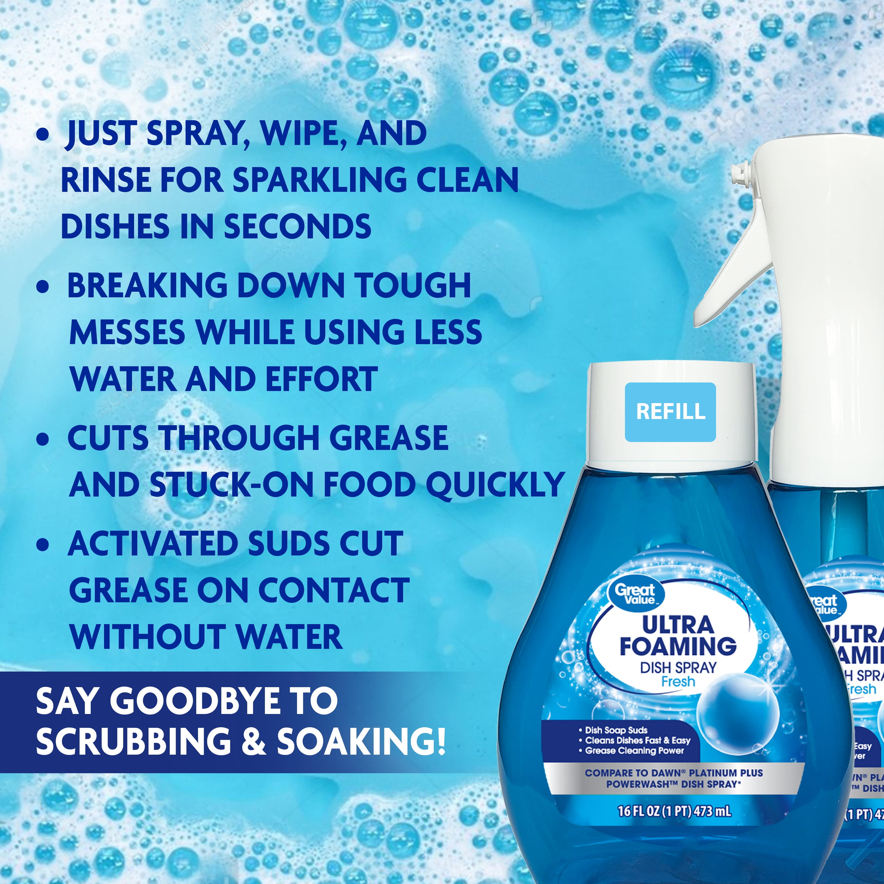 Great Value Ultra Foaming Dish Spray Dish Soap Refill, Fresh Scent, 16 fl oz