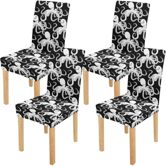 FMSHPON Octopus Sea Stretch Chair Cover Protector Seat Slipcover for Dining Room Hotel Wedding Party Set of 4