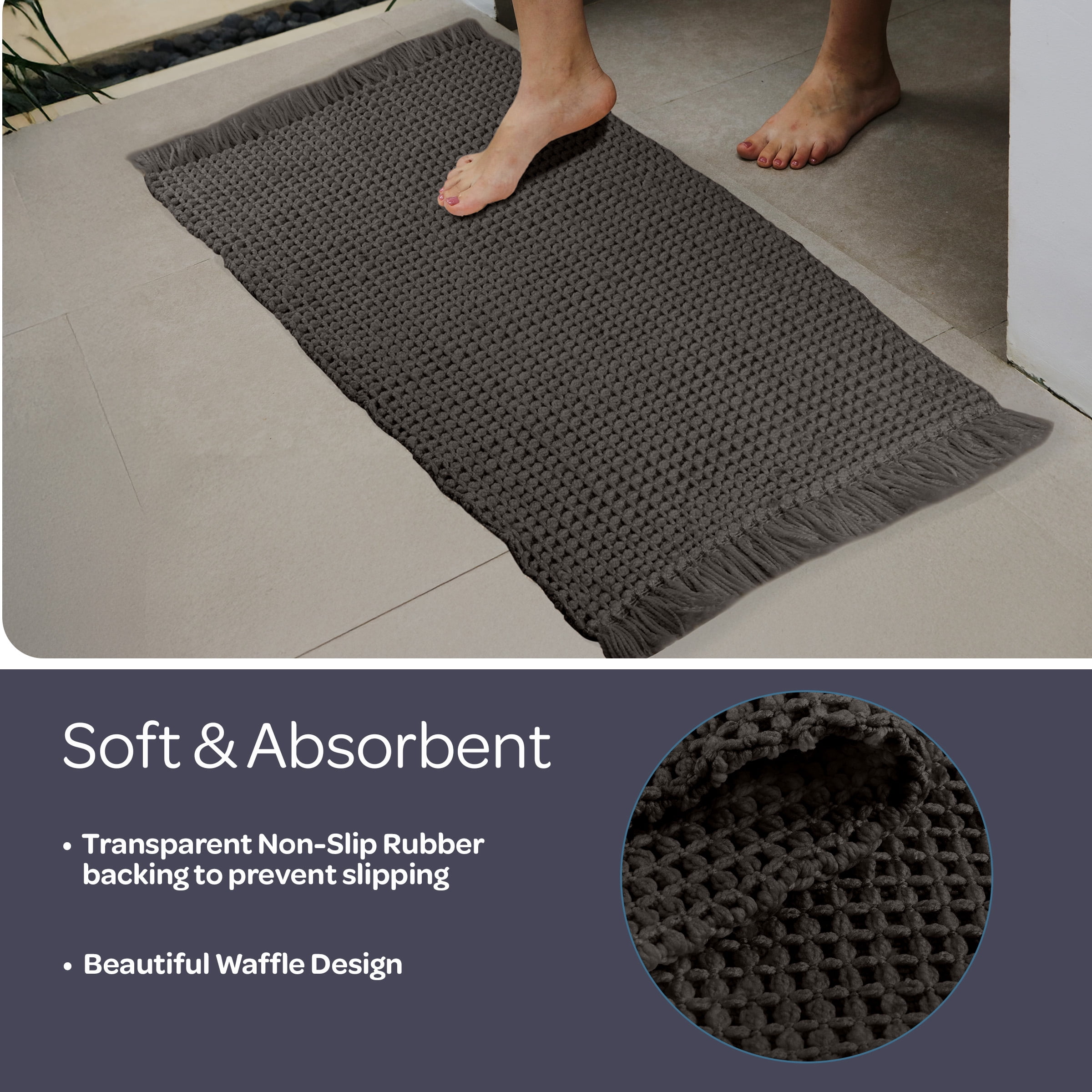 Lavish Home 2PC Waffle Bath Mat Set - Washable Bathroom Rugs (Charcoal)