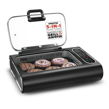 Gourmia FoodStation 5-in-1 Smokeless Indoor Grill & Air Fryer with Guided Cooking – 510°F, Dishwasher-Safe, Black
