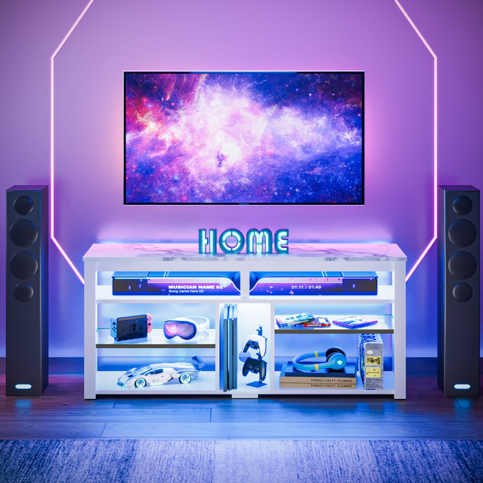 Bestier Tall TV Stand for 65" TVs,Entertainment Center with PS5 Storage,LED TV Stands for Living Room,TV console with Adjustable Storage Shelf,White Marble TV Stand
