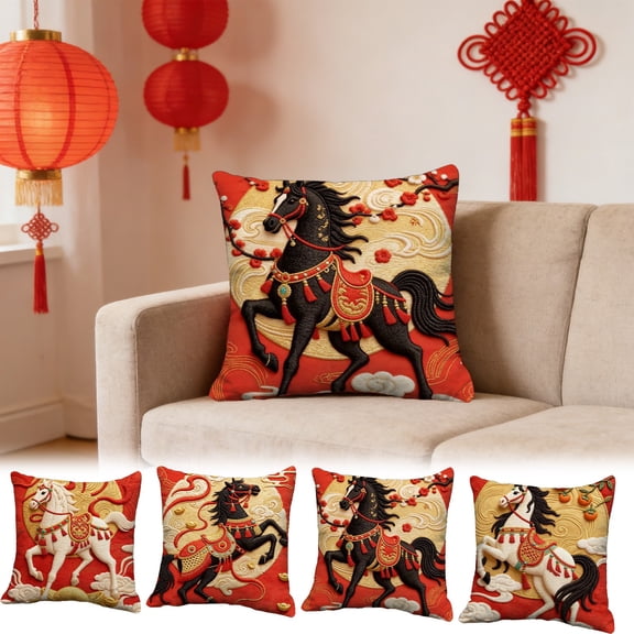 Nkmbld New Year Throw Pillow Covers, Year of The Horse Spring Festival Pillowcases, Happy Lunar New Year Holiday Cushion Case Decoration for Sofa Couch