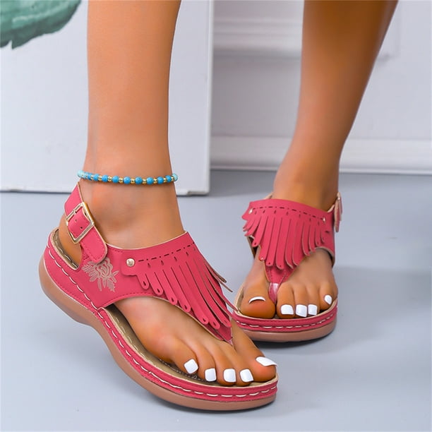Sandalias de cuña con borlas huecas y punta redonda para mujer Chanclas de color sólido Wmkox8yii sa4282
