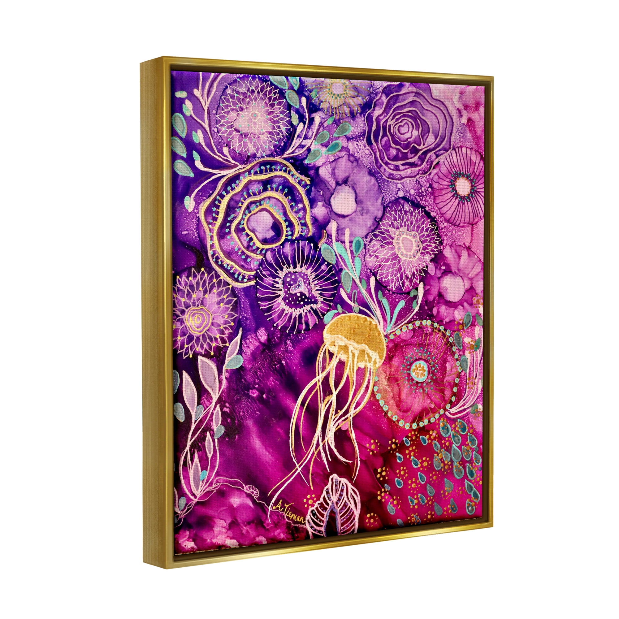 Stupell Industries Abstract Sea Life Patterns Abstract Painting Gold Floater Framed Canvas Art Print Wall Art, 25 x 31