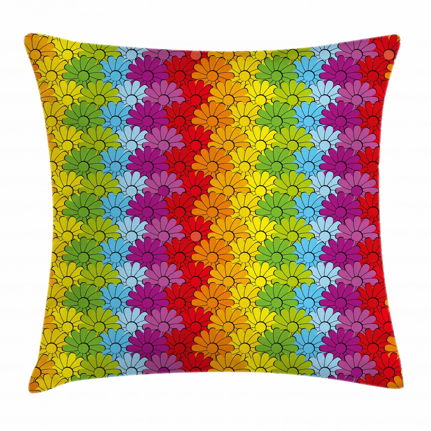Floral Throw Pillow Cushion Cover, Vibrant Flowers in Rainbow Colors