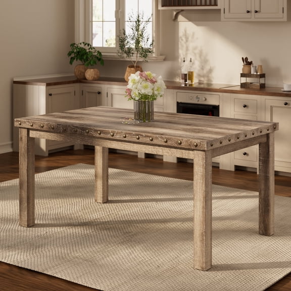 Morden Fort Dining Table for 6-8, 60" Farmhouse Woodgrain Tabletop with Rivets Trim , Rectangular Wooden Table for Kitchen