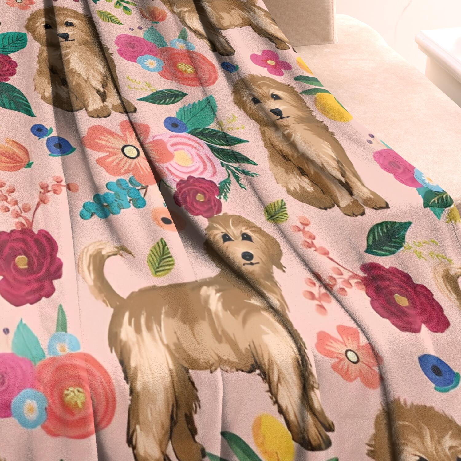 Dogs with Flowers Blanket,Comfortable Soft Flannel Throw Blanket,All Season,Warm Lightweight Blankets for Sofa Bed Couch Living Room Chair,60"x80"(150x200cm)