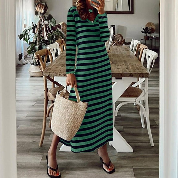 Blczomt Striped Dress Women Casual Long Sleeve Midi Green A Line Loose Fit Color Block V Neck Dresses
