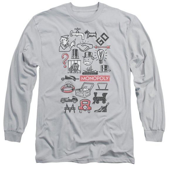 Monopoly Monopoly Icons Long Sleeve Adult 18/1 T-Shirt Silver