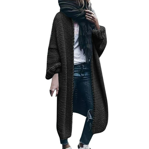 VISALY Long Cardigans Long Sleeve Cardigan Knitting Coat Large Size Mid Long Plain Casual Jacket Sweaters Elegant Fashion Cotton Autumn Winter Open Front Cardigan Chunky Cardigan Sweaters Black L