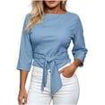 thumbnail image 2 of SSZMDLB Women 3/4 Sleeve Tie Front T-Shirts Round Neck Casual Summer Tops Solid Basic Tee Shirt Comfy Vacation Outfits Knotted Front Workout Clothes, Light Blue 3XL, 2 of 5