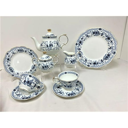 

Mr. MJs Trading HO-S3323-12D153-24 White with Blue Flowers & Gold Rims Cake & Teapot Set Set of 24