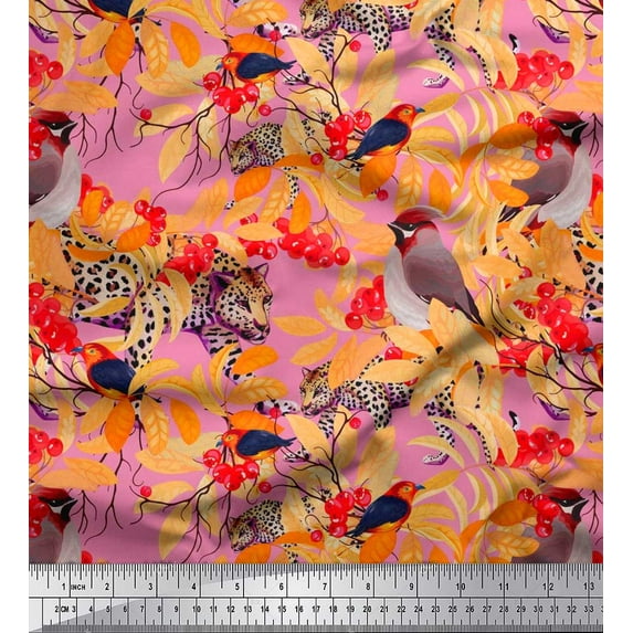 Soimoi Japan Crepe Satin Fabric Leopard,Band Tailed Manakin & Bohemian Waxwing Bird Decor Fabric Printed Yard 42 Inch Wide