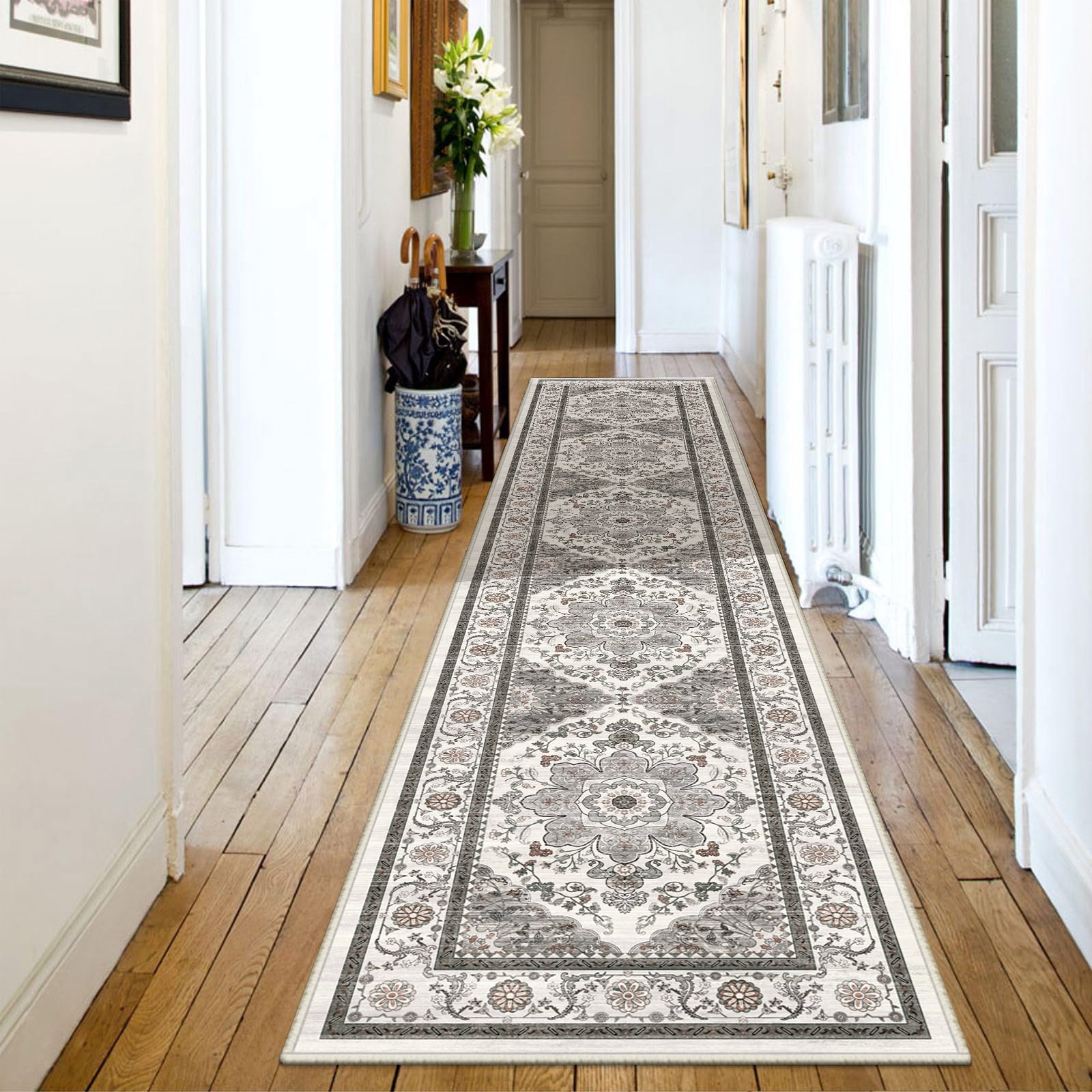 Findosom 2'x10' Runner Rugs for Hallway Machine Washable Runners Rug,Vintage Runner Rug Non Slip Kitchen Runner Rug Medallion Carpet Runner for Bedroom Laundry Entrance,Gray