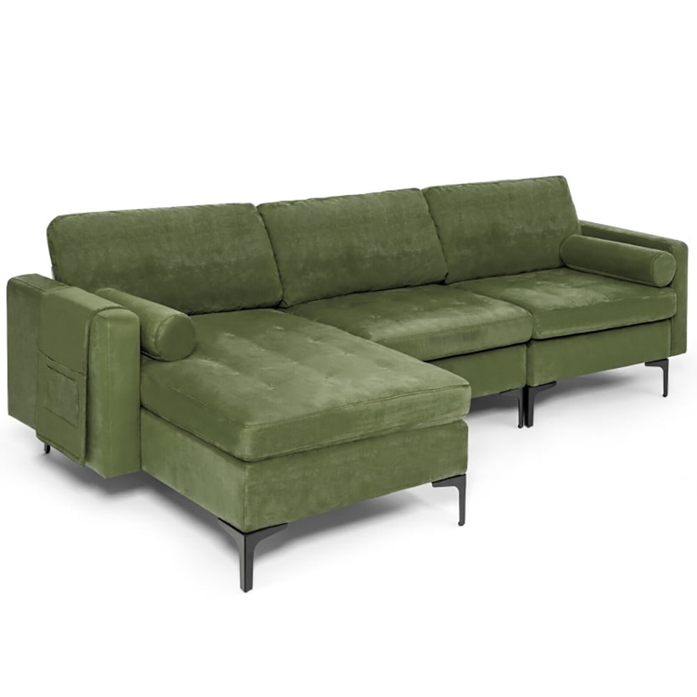 Demi Bonn L-Shaped Sectional Sofa Couch, Sofa Bed, Modular L-shaped 3-Seat Sectional Sofa with Reversible Chaise and 2 USB Ports, for Living Room, Army Green
