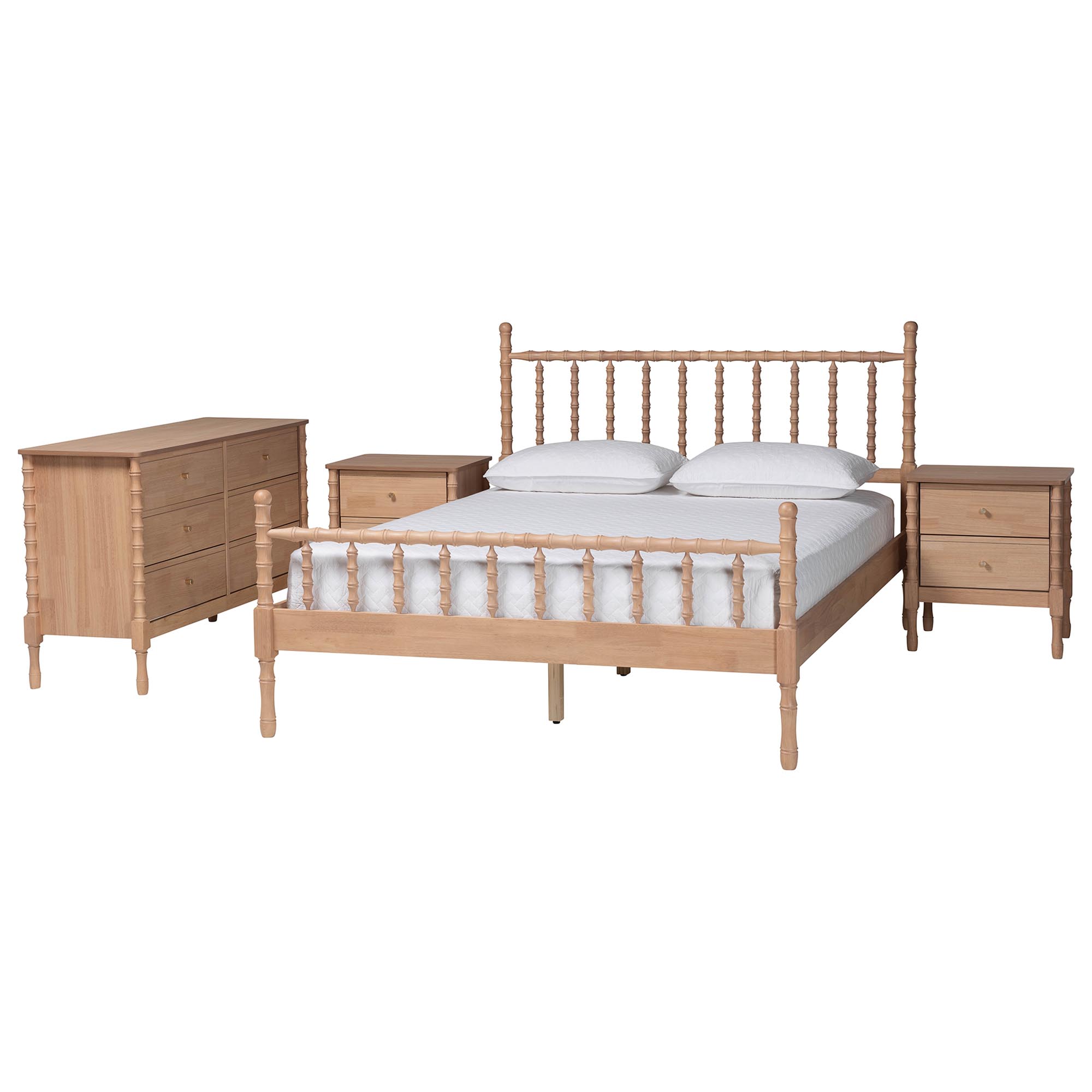 Baxton Studio Laurent Mid-Century Bedroom Set, 4-Piece, Queen, Beech Brown