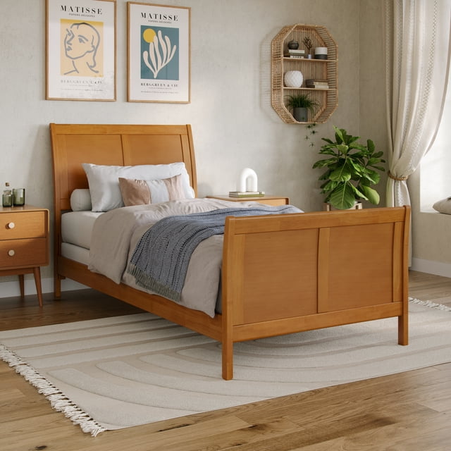 Portland Twin XL Wood Foundation Bed Frame with Matching Footboard Light Toffee