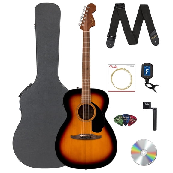 Fender California Standard Monterey E Acoustic-Electric Guitar - 3-Color Sunburst Bundle with Case, Tuner, Strap, Strings, String Winder, Picks, and Austin Bazaar Instructional DVD