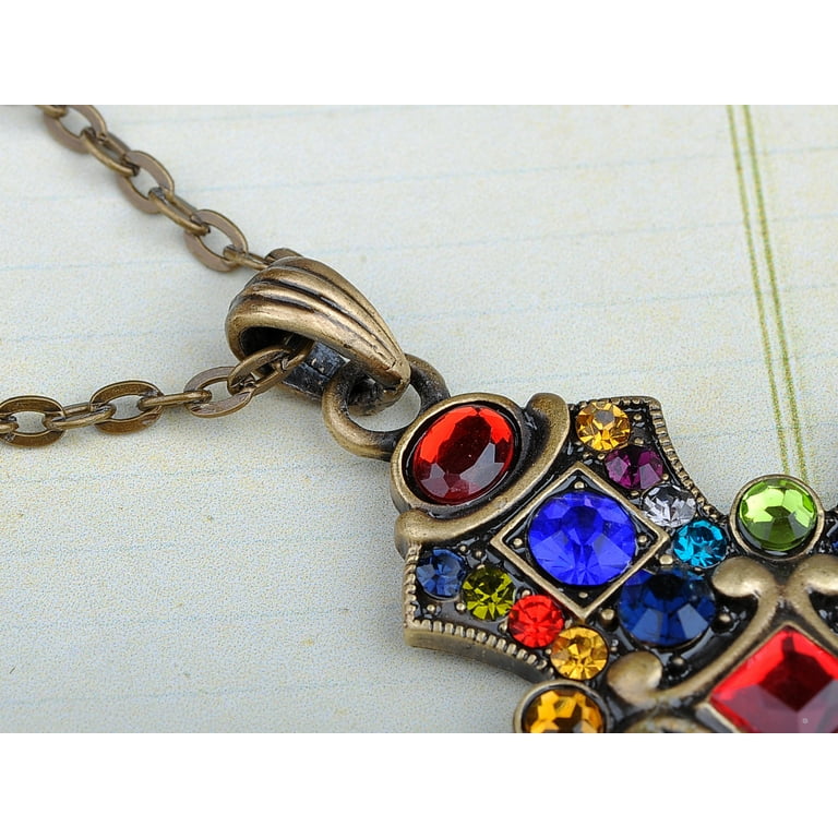 Women Gold Vintage Stain Glassed Colorful Rhinestones Cross