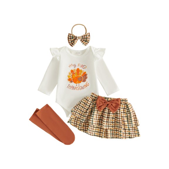 RUINIXCW Baby Girls Thanksgiving Outfit Turkey Romper and Plaid Skirt Headband Set