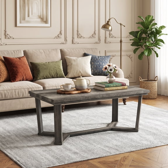 44" Farmhouse Coffee Table with Cross-Shaped Base, Rectangle Wood Living Room Center Table,Gray